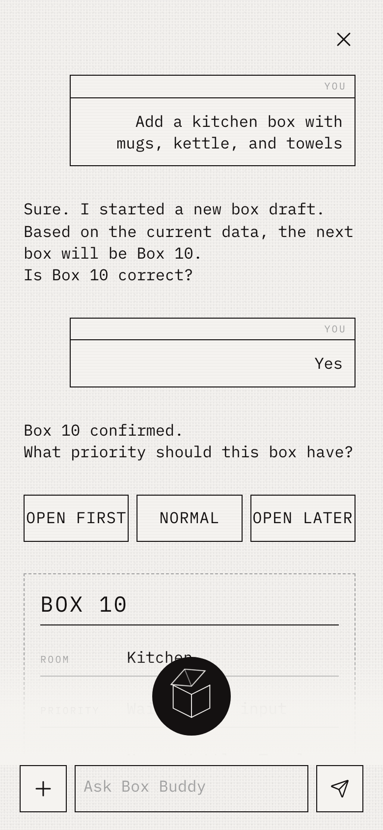 AI Cube asks the user to confirm the box number and choose a priority