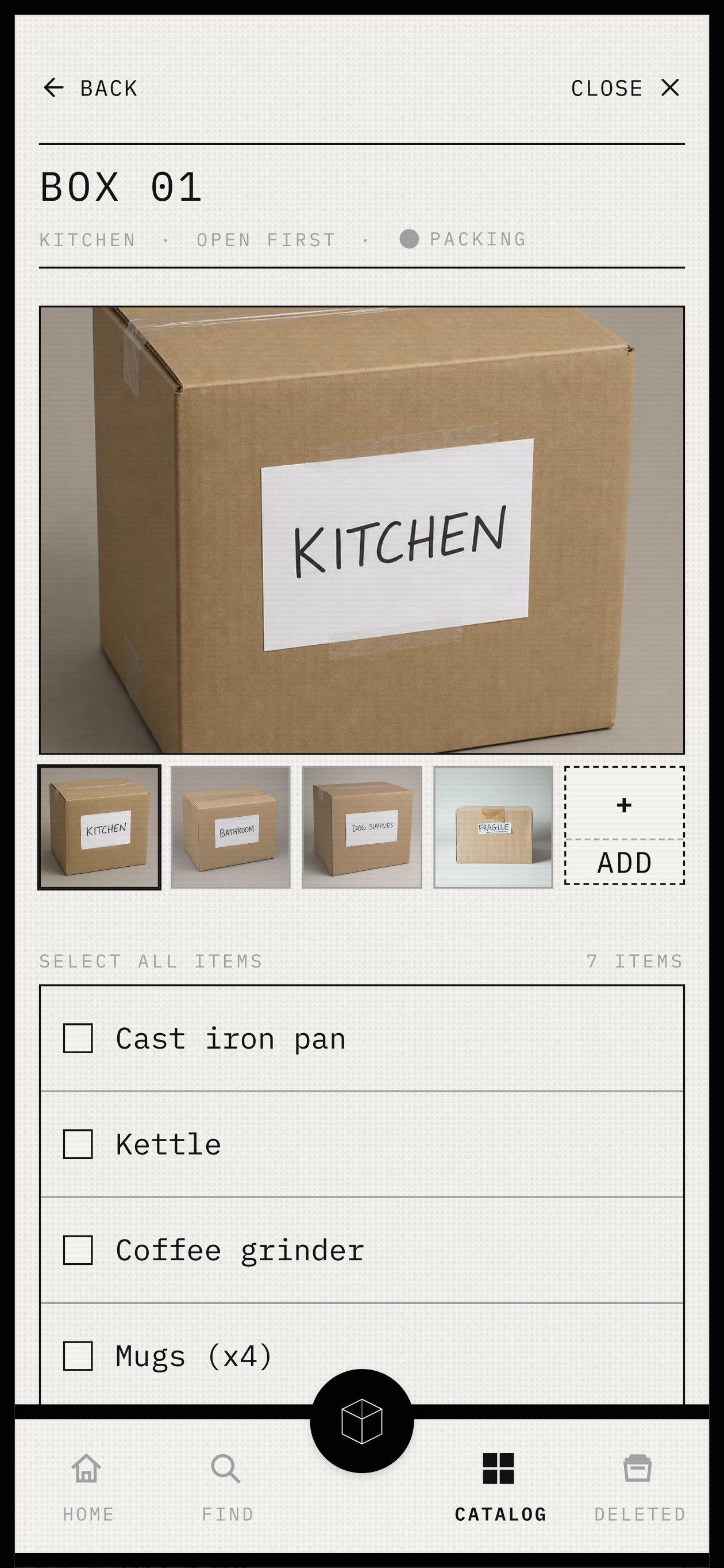 Box record showing photos, priority, status, and item checklist