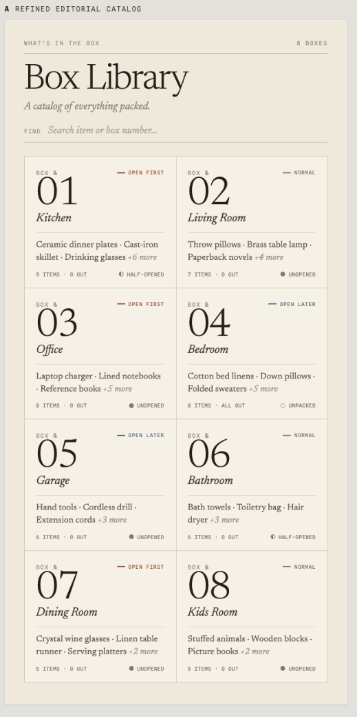 Claude initial Box Library direction using an editorial catalog layout