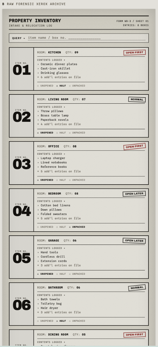 Claude initial Property Inventory direction using a black and white forensic archive layout