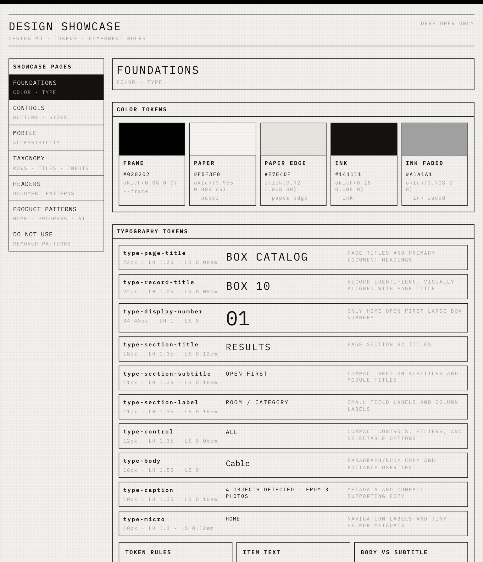Foundations page of the real Box Buddy Design Showcase