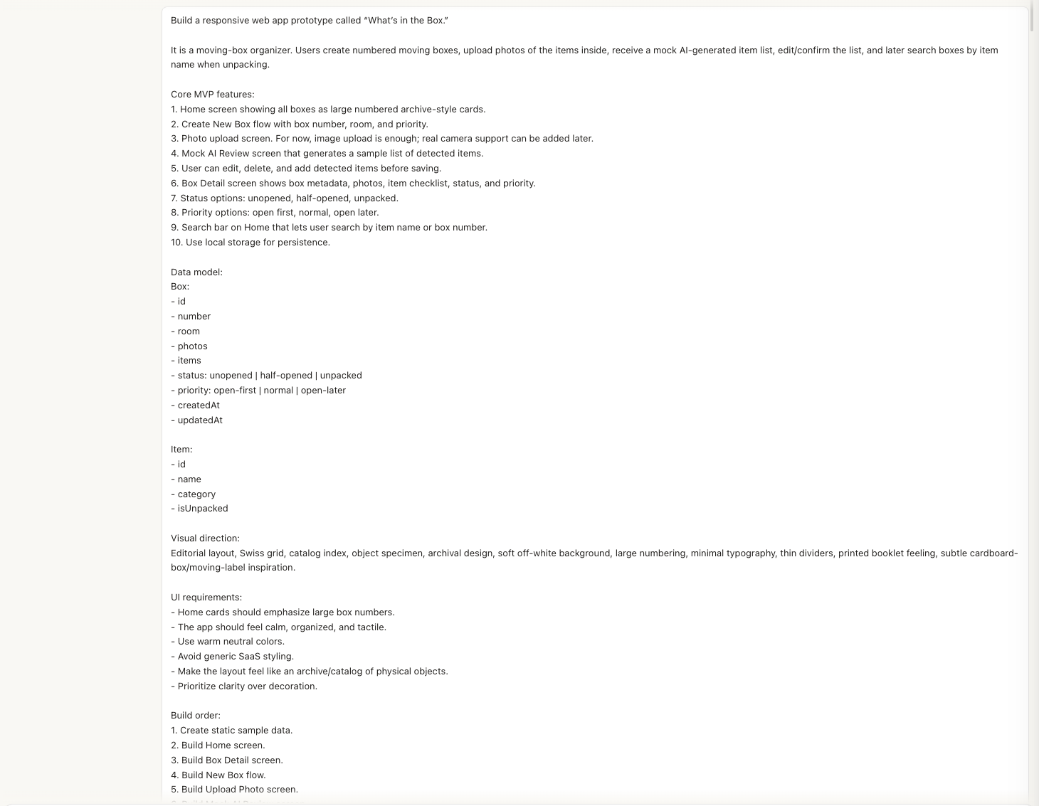 The first What's in the Box prompt defining the MVP features, box and item data models, archival visual direction, interface requirements, and build order