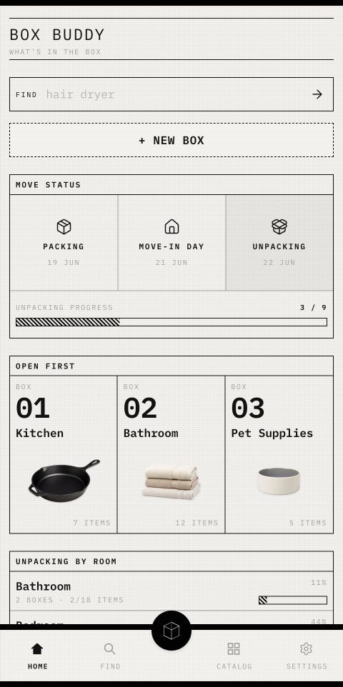 Box Buddy mobile home screen showing Move Status, unpacking progress, and priority boxes