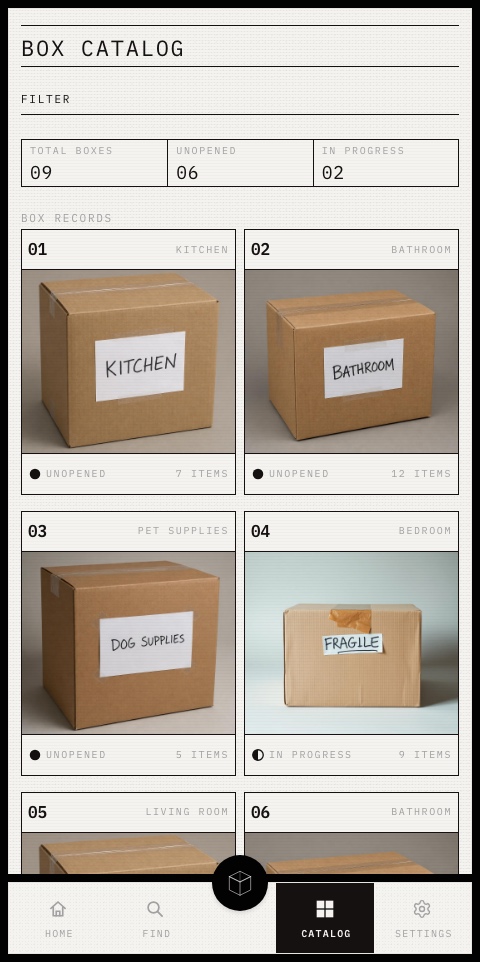 Box Catalog showing searchable box records and their unpacking status