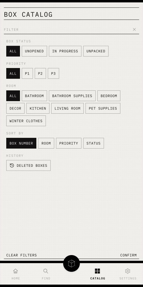 Catalog filters showing only the Box statuses relevant to the Unpacking phase