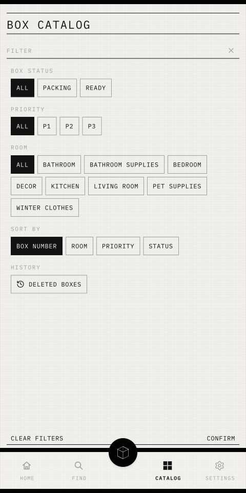 Catalog filters showing only the Box statuses relevant to the Packing phase