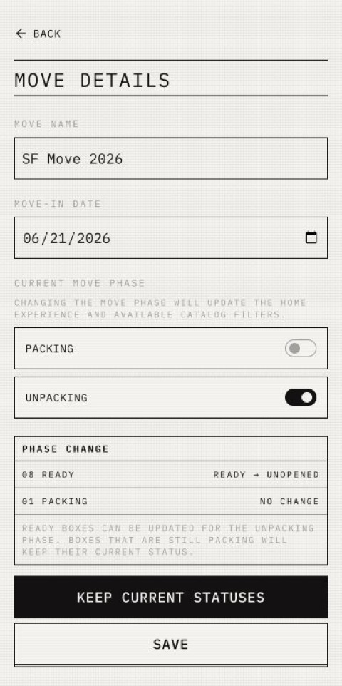 Move Details showing the global phase controls and a preview of how changing to Unpacking affects Box Status