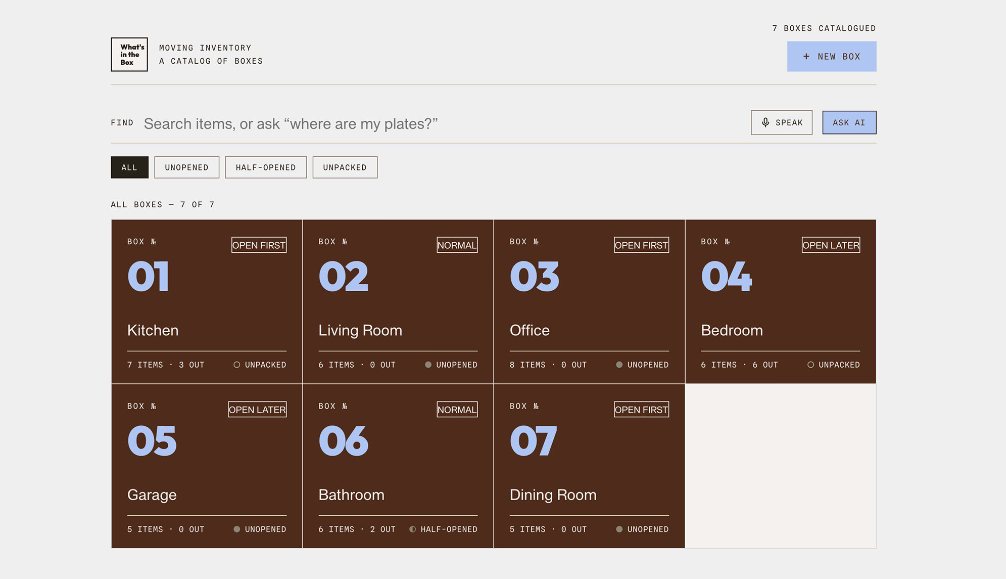 Box Buddy desktop prototype with microphone inventory search, Ask AI, Open First priority, and box status filters