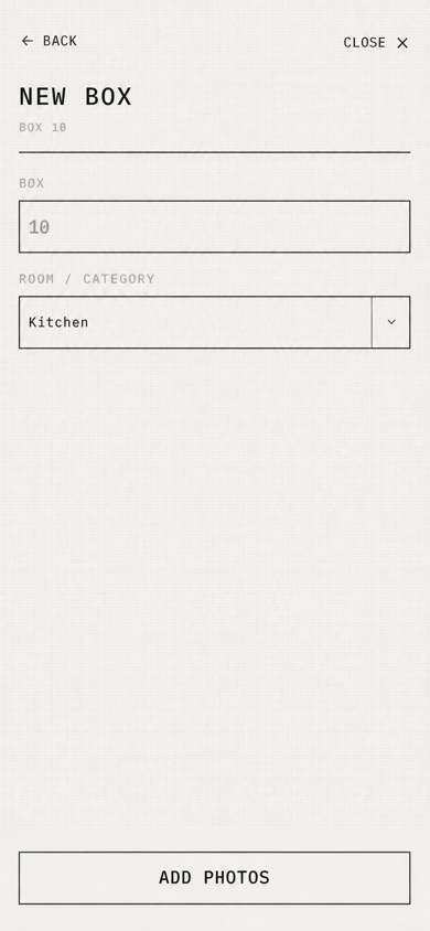 Early New Box details form with box number and room fields