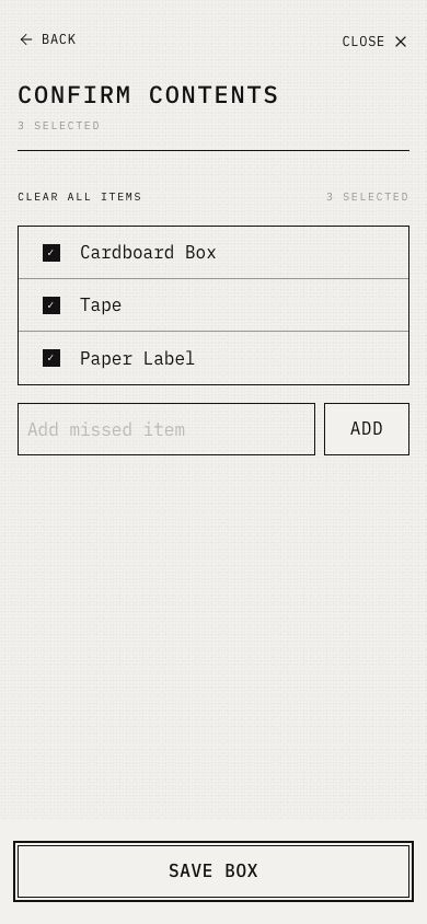 Confirm Contents screen for editing and approving detected items before saving the box