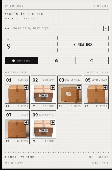 Box Buddy catalog visual direction explored in Lovable using a dense black and white archival grid